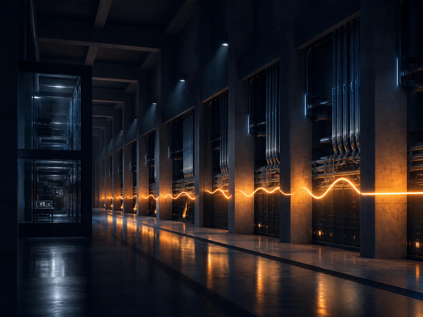 Composição editorial abstrata sobre continuidade em infraestrutura crítica