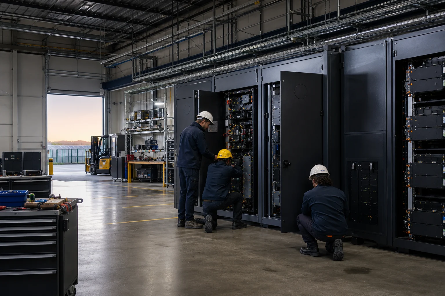 Profissionais realizando manutenção em sistema industrial de energia