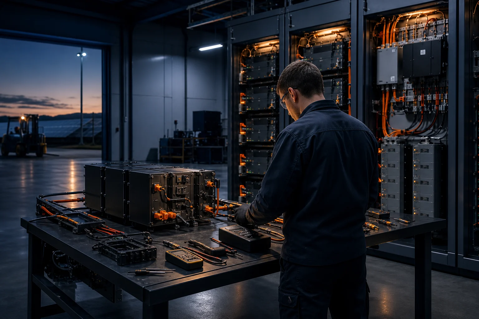 Técnico avaliando módulos e componentes para dimensionar uma solução
